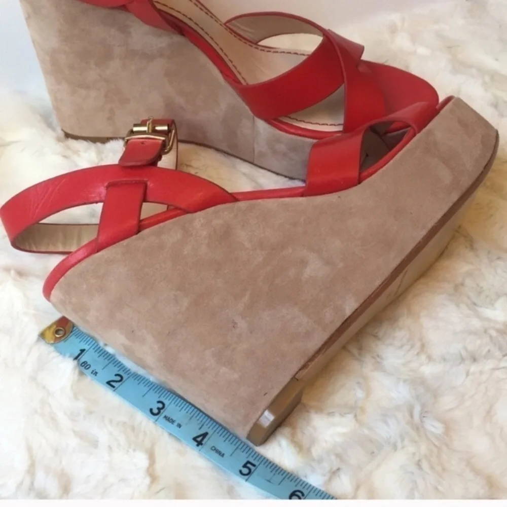 POUR la Victoire red leather strapy suede velvet wedges sandals New